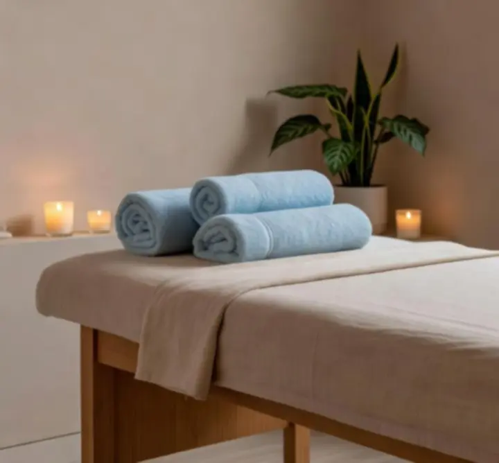Salle de massage baignée de lumière douce, décor naturel et ambiance sereine