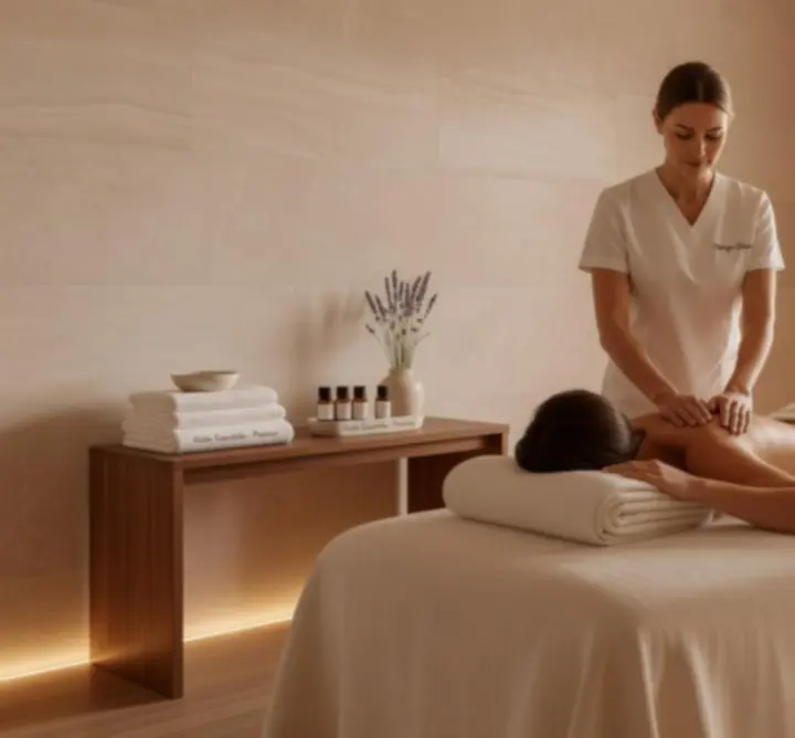 Thérapeute réalisant un massage relaxant dans une ambiance feutrée