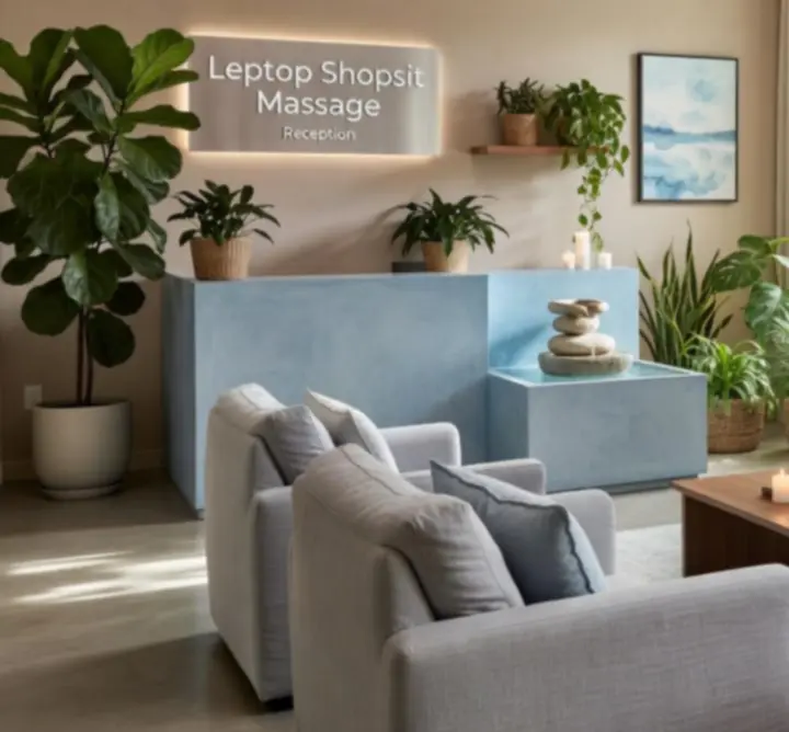 Vue chaleureuse de l'espace bien-être Leptop Shopsit Massage avec une ambiance lumineuse et apaisante.